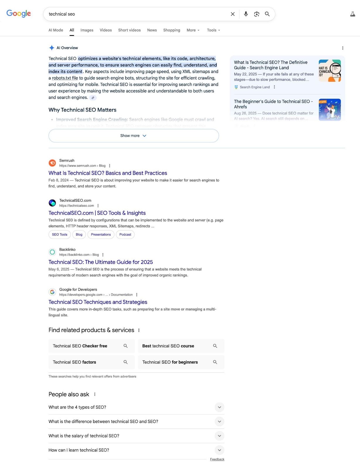 Google SERP for the term "technical seo" showing an AI Overview, followed by personalized organic results.