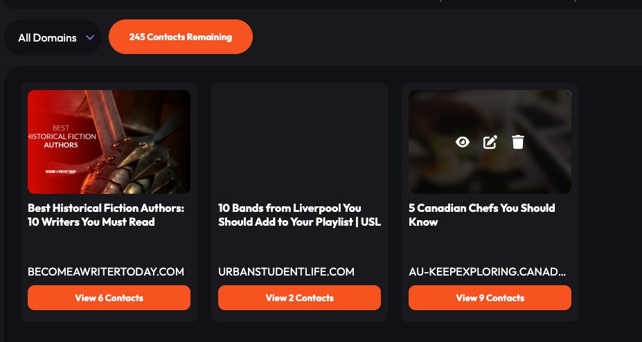 The All Domains filter allows you to see all the blog content you’ve analyzed using the Mentioned - Outreach Wizard app.